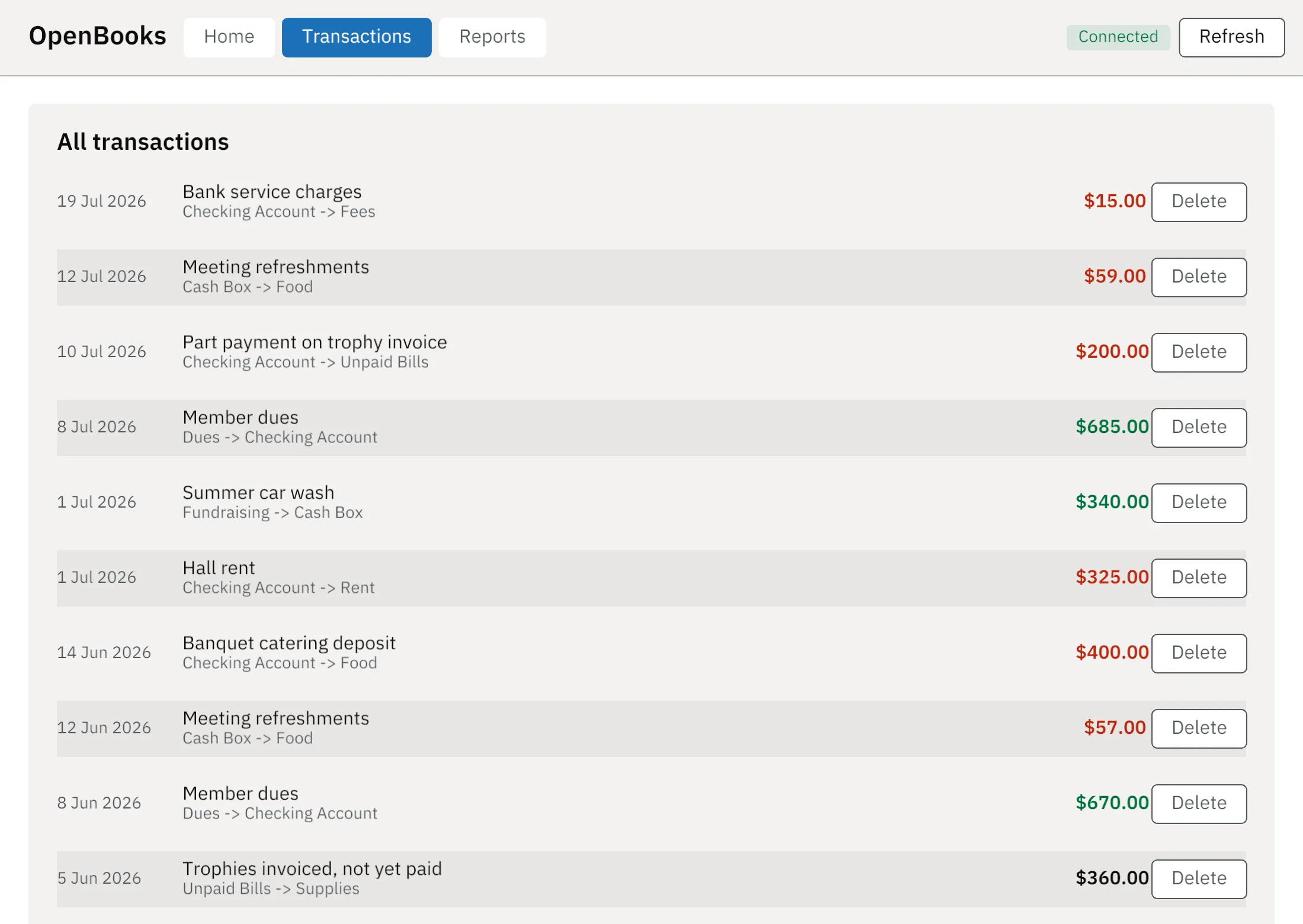 The desktop client's transactions screen listing real seeded entries with dates, descriptions and amounts.